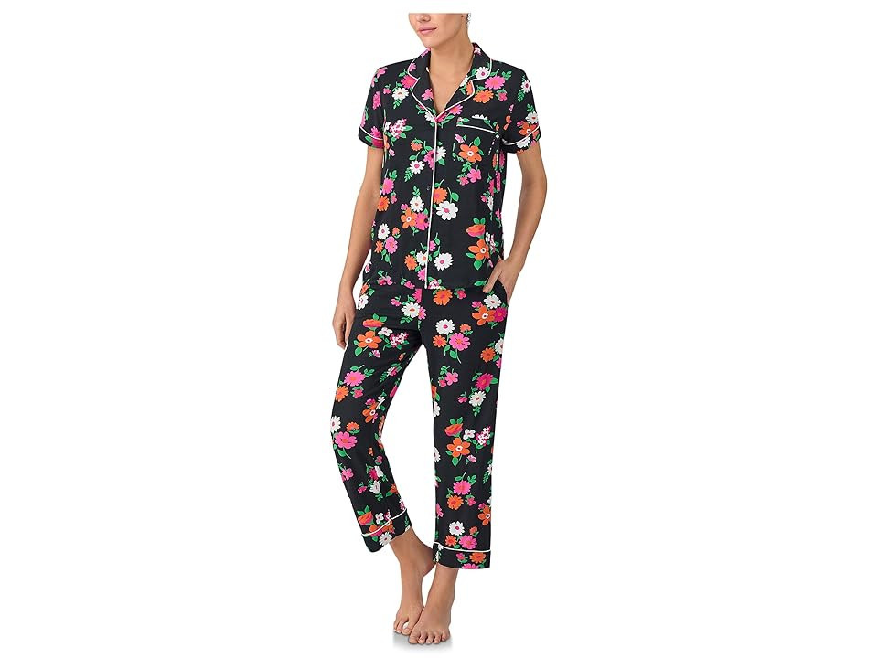 Kate Spade New York Short Sleeve Knit Cropped PJ Set Women's Pajama Sets Black Ground Floral : XL, Polyester/Spandex | Zappos
