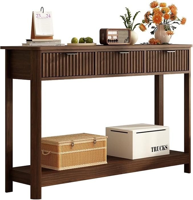 RUSTOWN Fluted Wood Console Table with 3 Drawers, Boho Narrow Behind Couch Entryway Table with Op... | Amazon (US)