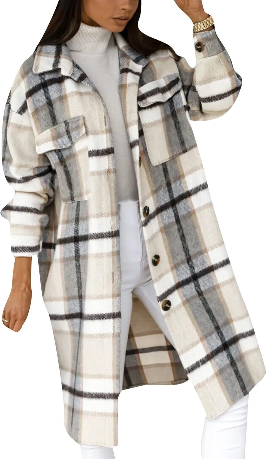 OMZIN Women Plaid Long Sleeve Button Down Collar Long Shirt Oversized Coat Plaid Shirt | Amazon (CA)