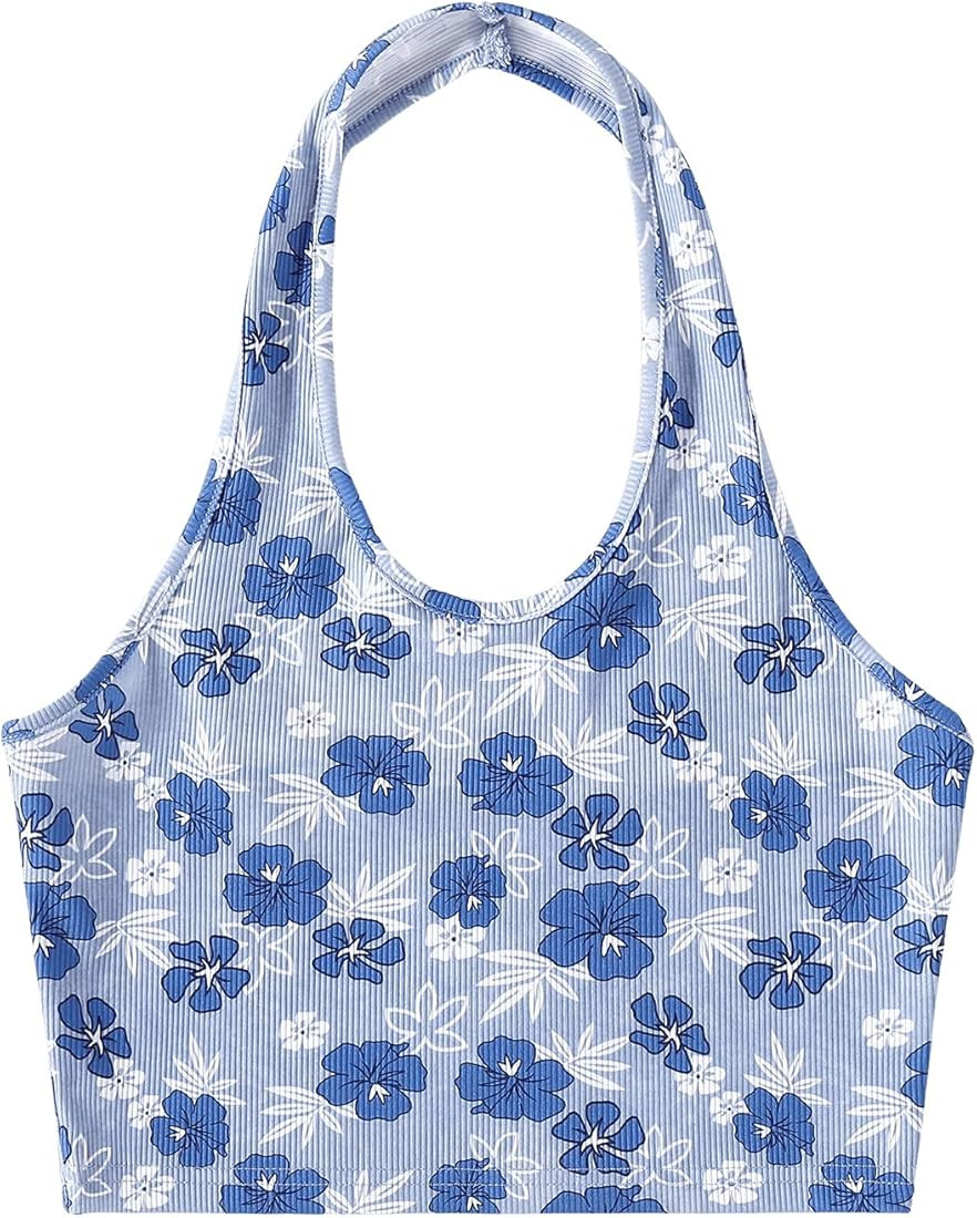 SOLY HUX Women's Floral Print Ribbed Knit Halter Backless Crop Top | Amazon (US)