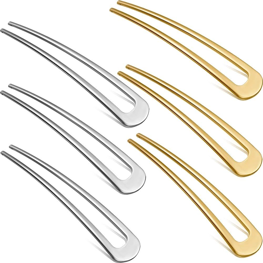 6 Pieces French Hair Pins Simple Metal U Shaped Hairpins Gold Hair Fork Sticks 2 Prong Updo Chign... | Amazon (US)