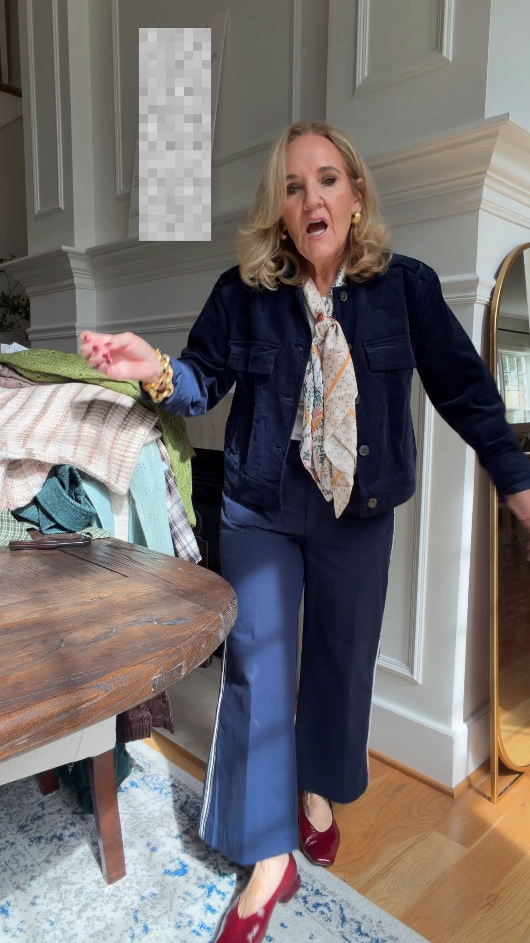 Jacket size medium
Pants size 29
I’m going to Link a couple favorite items that I just opened from LOFT sitting on the chair there. And I’ll also link those caramel brown suede boots that I just arrived.  I sized up a half size and will still be able to wear socks with them