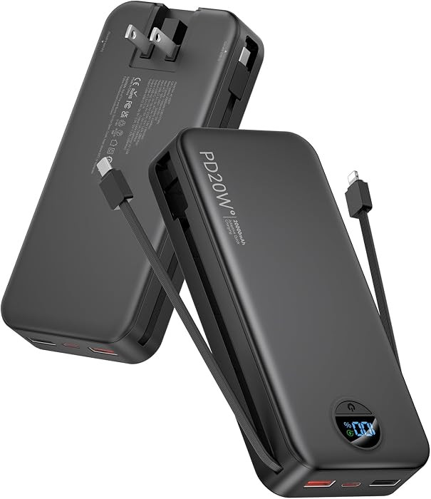 Portable Charger 20000mAh PD20W w/Built-in Cables & Wall Plug Black | Amazon (US)