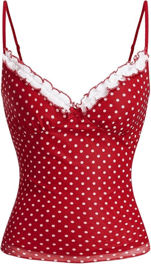 Women's Polka Dots Cami Tops Coquette Mesh Lace Trim V Neck Ruffle Hem Camisole Spaghetti Strap Y... | Amazon (US)