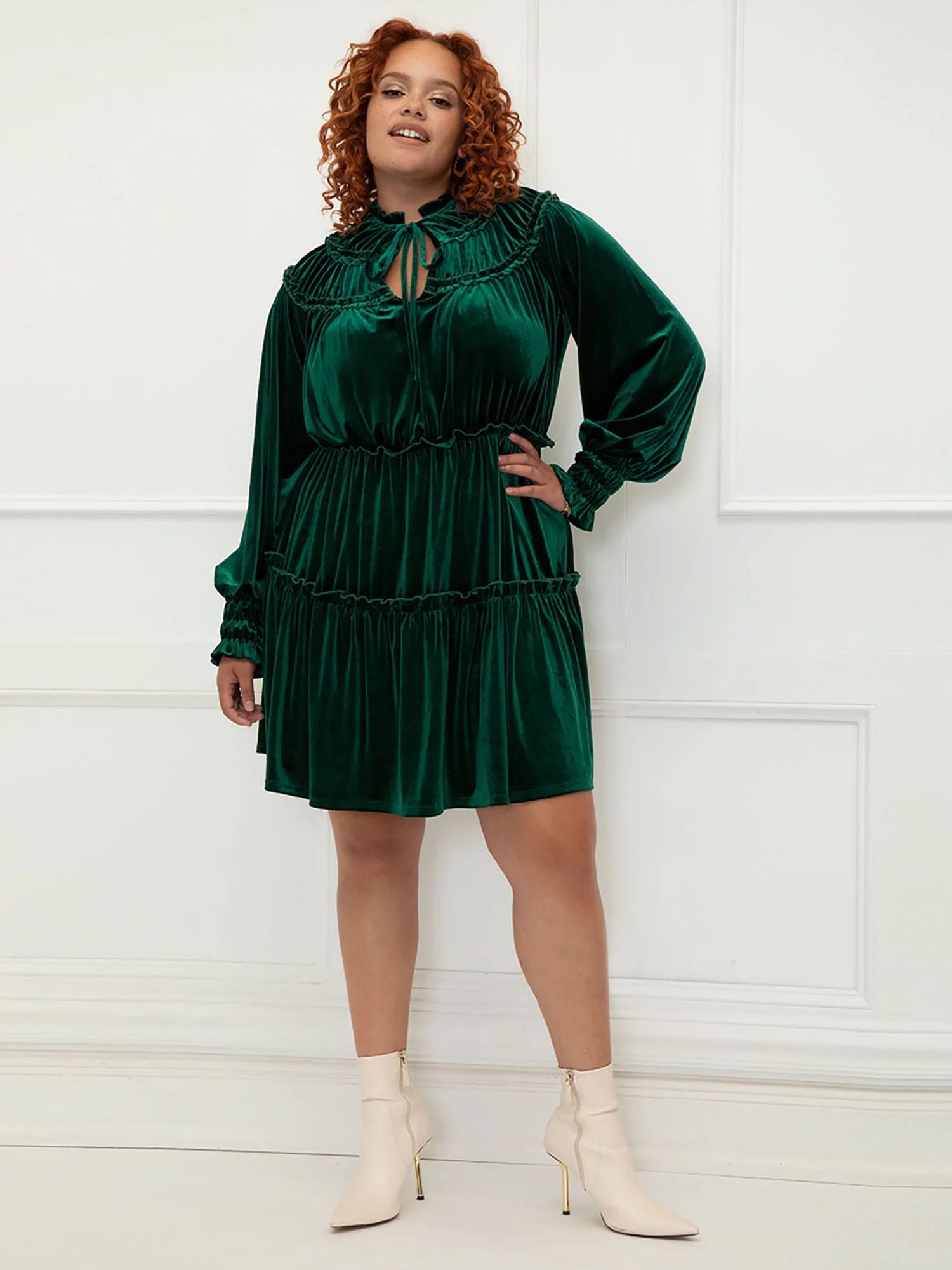 ELOQUII Elements Women's Plus Size Velvet Dress with Ruffle Yoke - Walmart.com | Walmart (US)