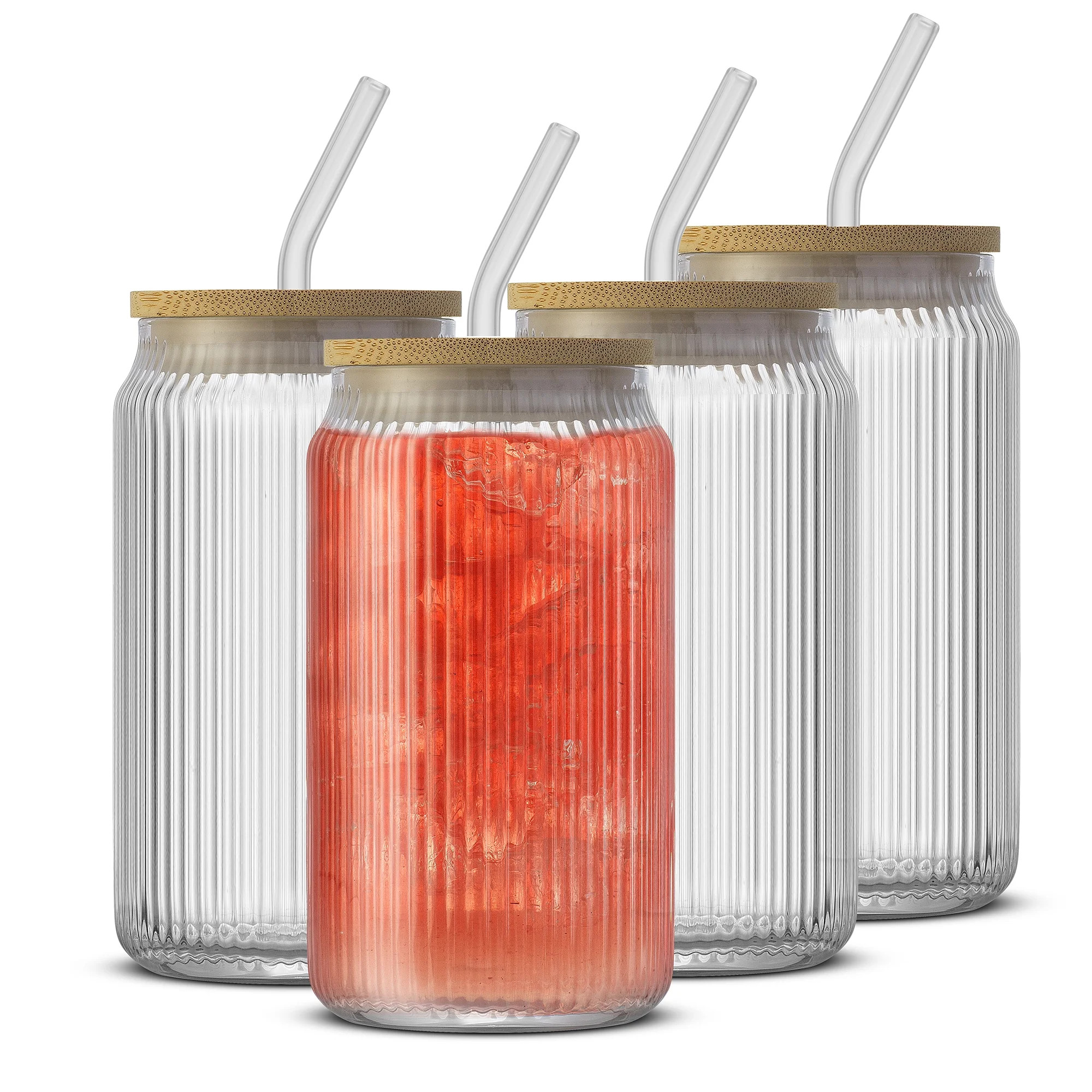 JoyJolt Fluted Can Glass with Lid and Straw, Set of 4 | Walmart (US)