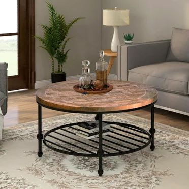 Rustic Coffee Table with Metal Storage Shelf for Living Room, Easy Assembly (Round) - Walmart.com | Walmart (US)