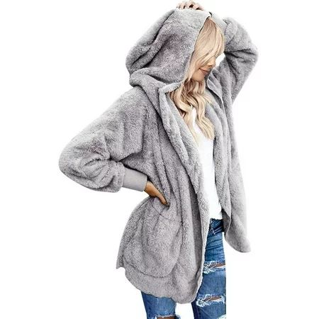 Womens Tops Women'S Casual Plush Wool Hooded Cardigan Pocket Faux Fur Coat | Walmart (US)