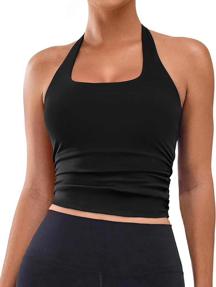 BMJL Womens Halter Built in Bra Workout Sports Tank Tops Buttery Longline Stappy Gym Crop Tops | Amazon (US)