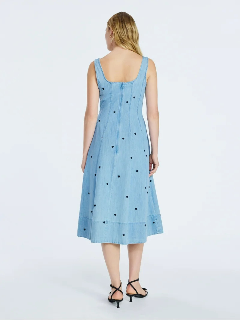 Free Assembly Women's and Women's Plus Embroidered Denim Panel Midi Dress, Sizes XS- 4X | Walmart (US)