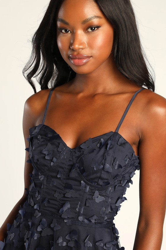 Time to Fly Navy Blue Butterfly Lace-Up Midi Dress | Lulus