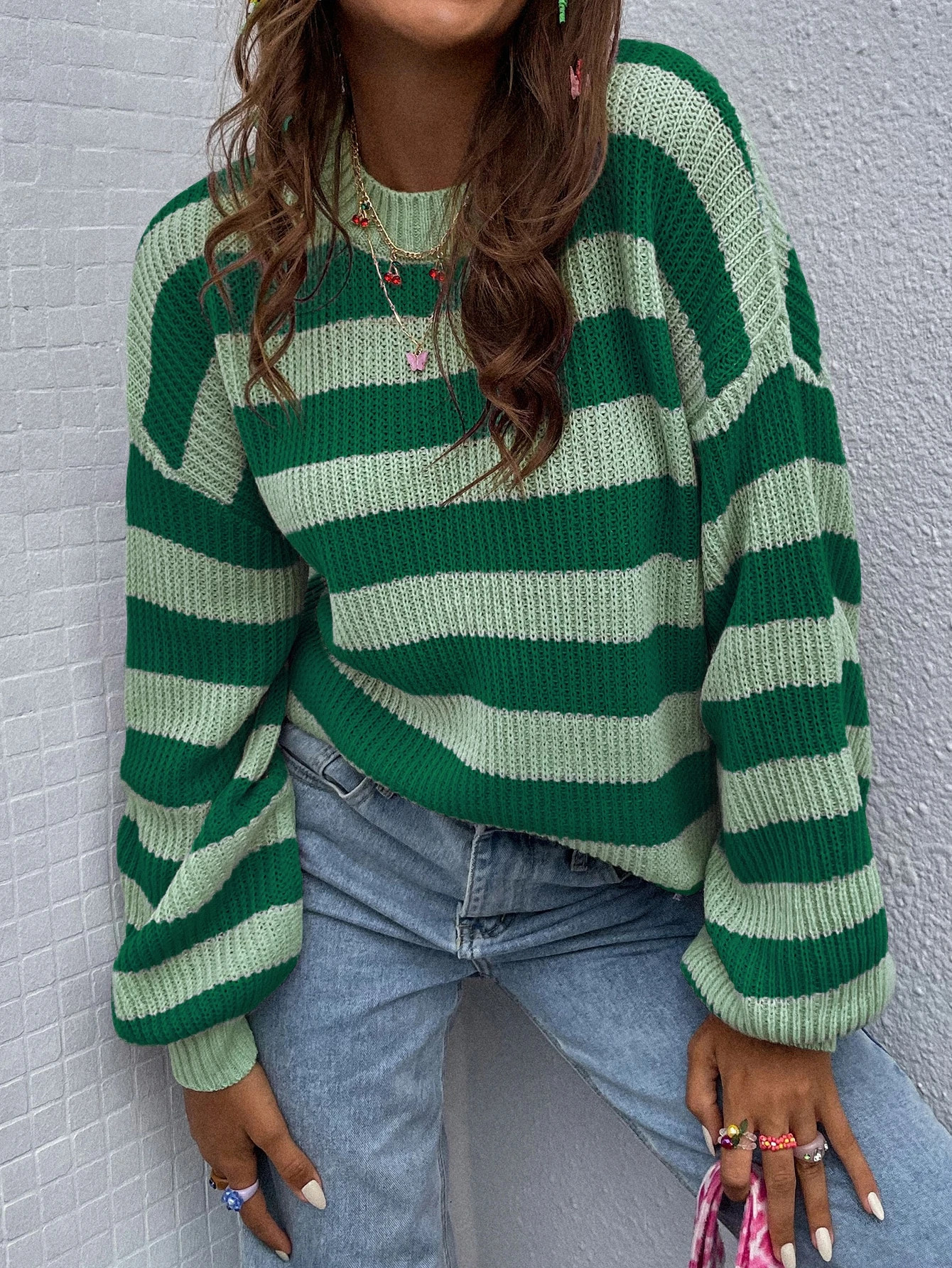 SHEIN Essnce Striped Pattern Drop Shoulder Sweater | SHEIN
