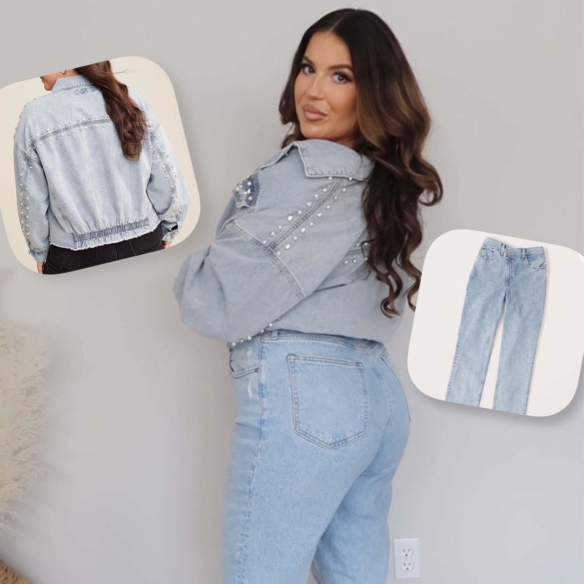 Galentines Day Look! This pearl & rhinestone jacket is in a 0X for an oversized fit and the jeans are a 32 Long, could’ve gone w a 31 because they do stretch a bit as you wear them!

#LTKmidsize #LTKfindsunder100