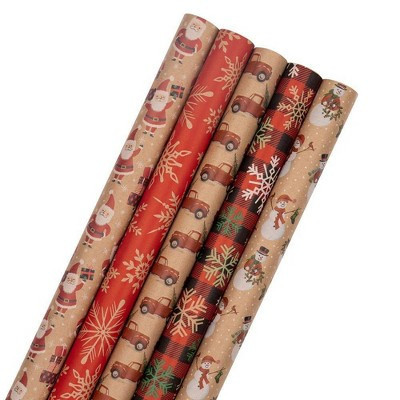 JAM Paper & Envelope 5ct Premium Kraft Christmas Gift Wrap Rolls: Multicolor Santa Pattern Wrapping Paper 30x5 | Target