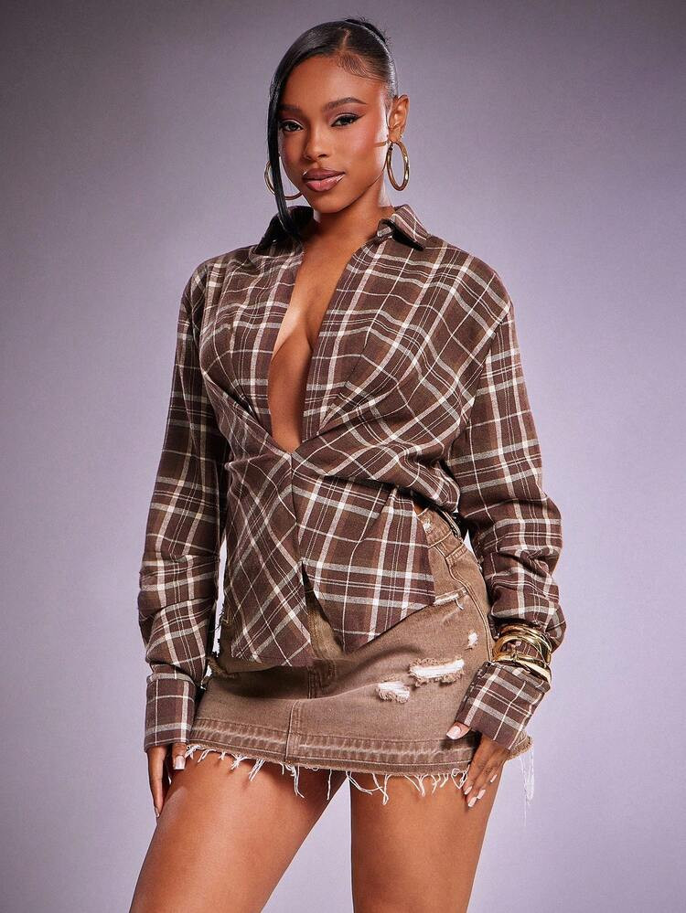 Denimoi Twisted Front Low Neck Long Sleeves Plaid Blouse | SHEIN