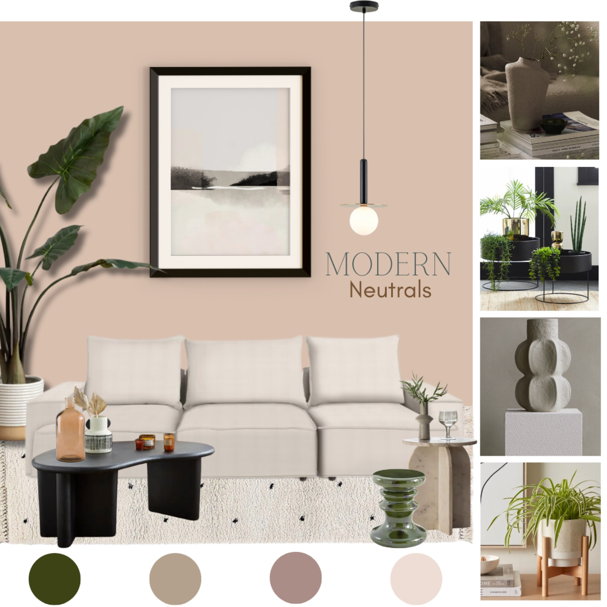 Modern neutral living room mood board . With hues of nude pink, beiges and pops of earthy green. Shop all products below. Paint colour is setting plaster farrow and ball. Print is called ‘Sea’ from Haus of Deco online. 

#LTKeurope #LTKuk #LTKhome