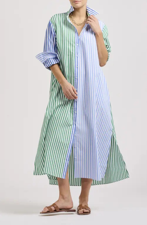 SHIRTY Mixed Stripe Long Sleeve Shirtdress in Blue/Green Combo Stripe at Nordstrom, Size Large | Nordstrom