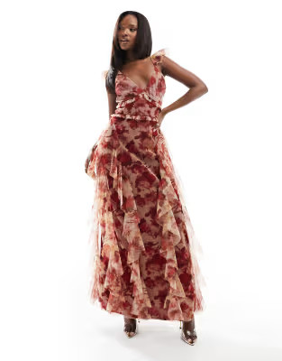 Lace & Beads ruffle midaxi dress in deep rose print | ASOS (Global)