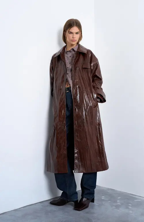 Topshop Faux Leather Trench Coat in Brown at Nordstrom, Size Medium | Nordstrom