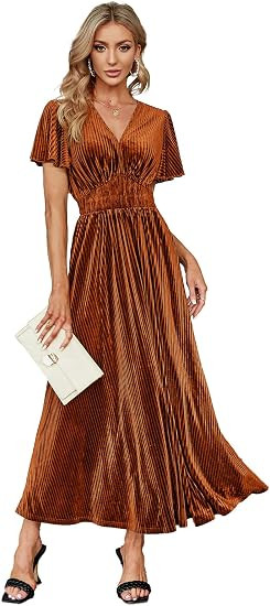 Simplee Women’s V Neck Velvet Maxi Dress Short Sleeve Empire Waist Long Formal Dress for Weddin... | Amazon (US)