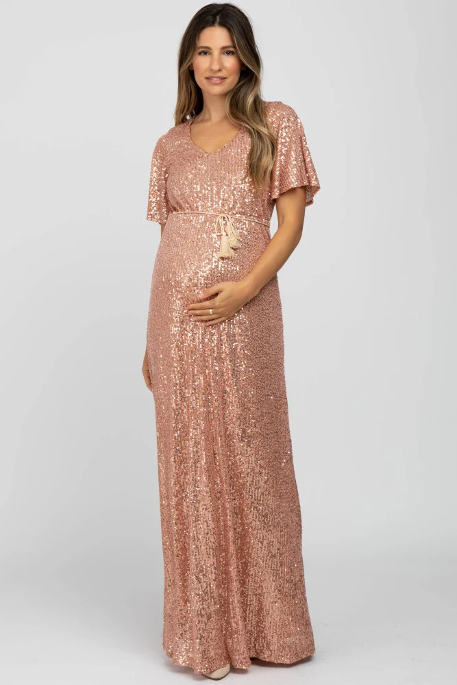Pink Sequin Short Sleeve Maternity Maxi Dress | PinkBlush Maternity
