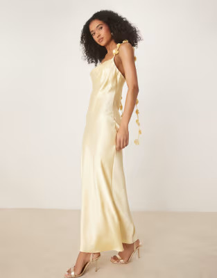 Gina Tricot satin cowl neck dress with 3D floral applique in lemon yellow | ASOS | ASOS (Global)