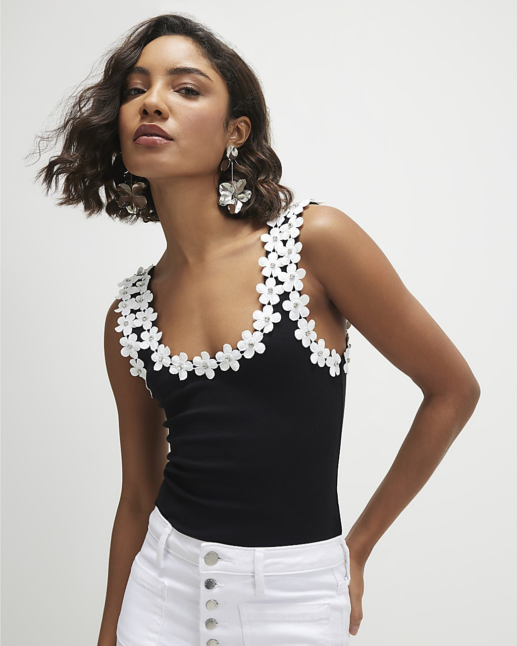 Black Floral Diamante Trim Tank Top | River Island UK & IE