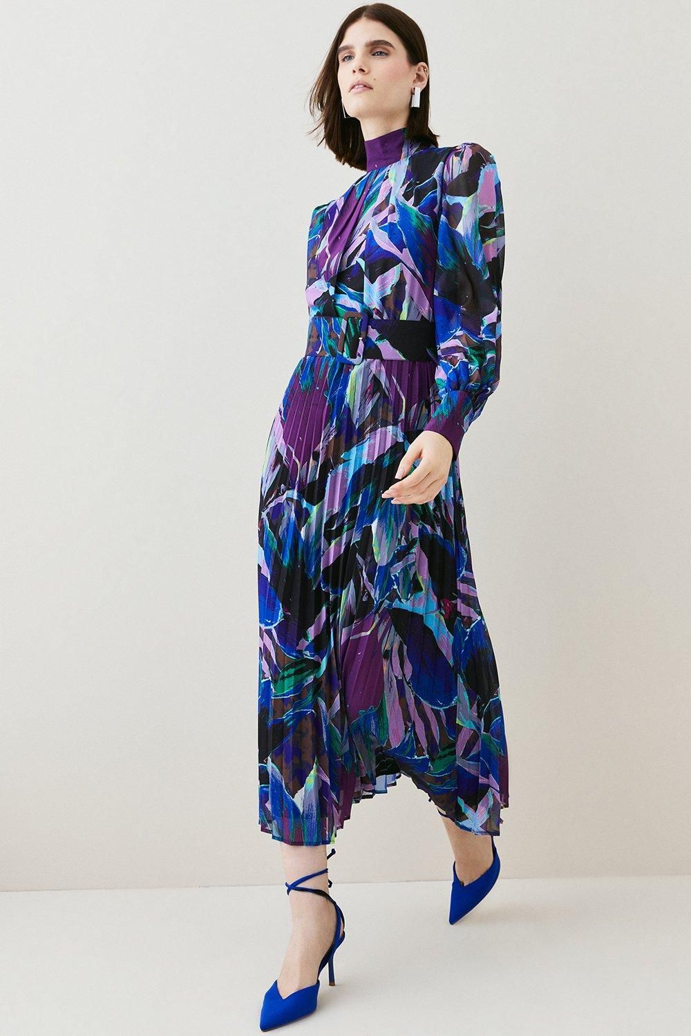 Abstract Floral Georgette Belted Pleated Woven Midi Dress | Karen Millen UK + IE + DE + NL