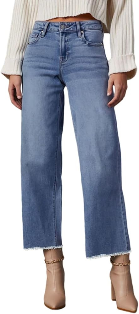 Wide Leg Jeans for Women High Waisted Stretchy Cropped Denime Pants Straight Leg Flare Baggy Jean... | Amazon (US)