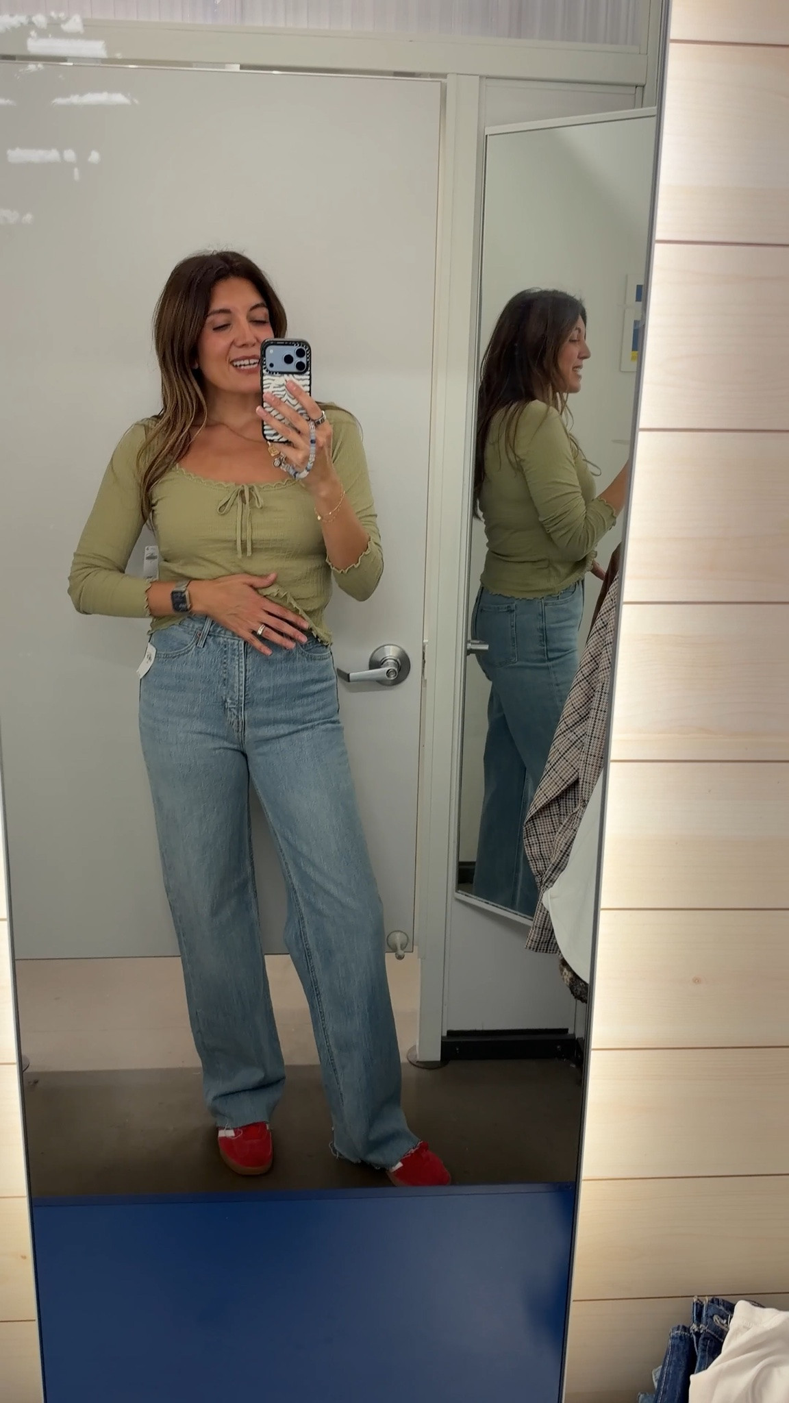 Old navy up to 50% off! Small in the long sleeve top and size 2 tall in the high rise jeans! I’m 5’7”