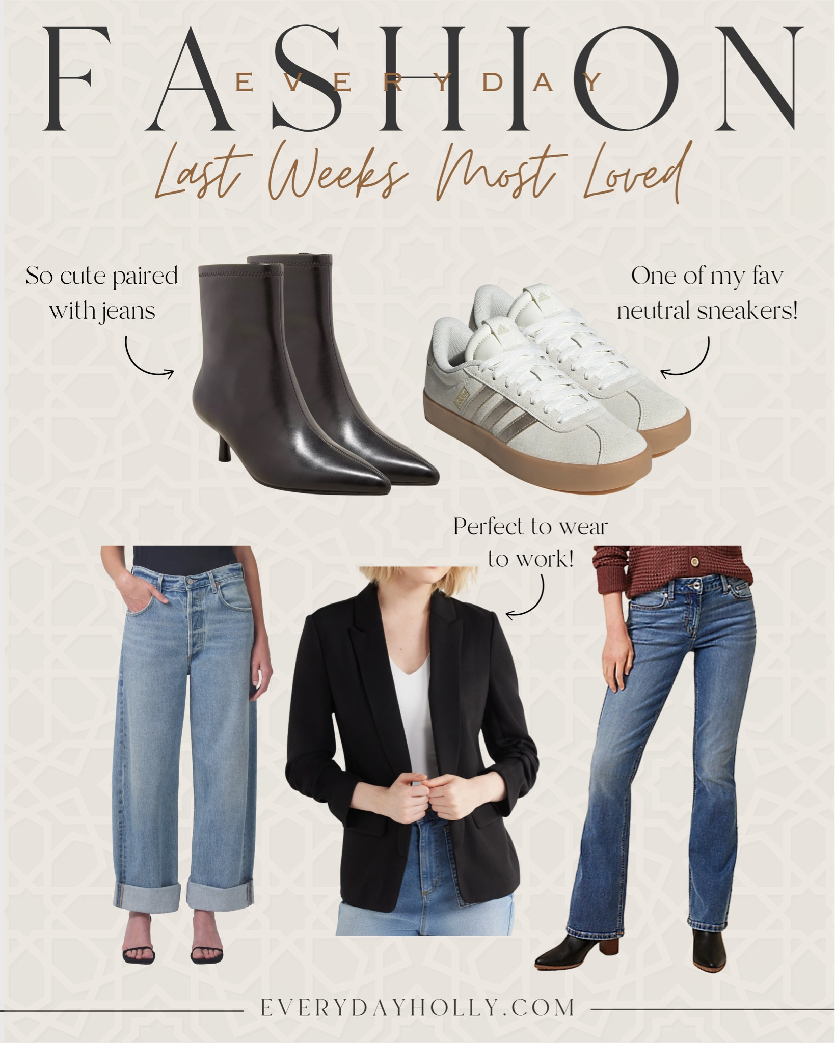 Trending Winter Fashion

For reference I'm a size 22 in the baggy jeans, a 0 short in m Jeans, and a XS blazer!

Fashion favorites  blazers  black boots  black booties  adidas court 3.0  adidas sneakers  neutral sneakers  baggy jeans  flare jeans  Maurice's  Nordstrom  fashion  petite fashion  outfit inspo  weekly favorites  EverydayHolly 

#LTKOver40 #LTKStyleTip #LTKShoeCrush