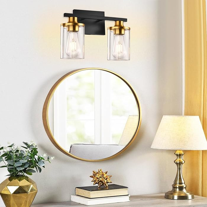 GROWER 2 Lights Bathroom Light Fixtures, Black and Gold Vanity Light Over Mirror with Clear Glass... | Amazon (US)