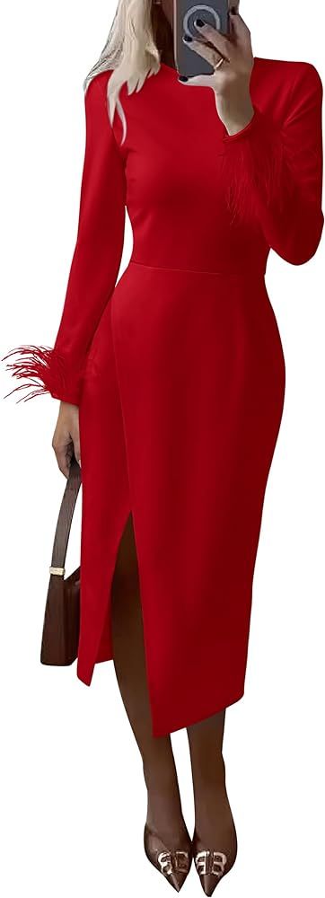 PRETTYGARDEN Women's 2023 Fall Long Sleeve Dress Formal Midi Bodycon Wrap Slit Feather Elegant We... | Amazon (US)