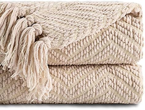 BATTILO HOME Beige Throw Blanket for Couch, Textured Knitted Throw Blanket with Tassels, Couch Co... | Amazon (US)