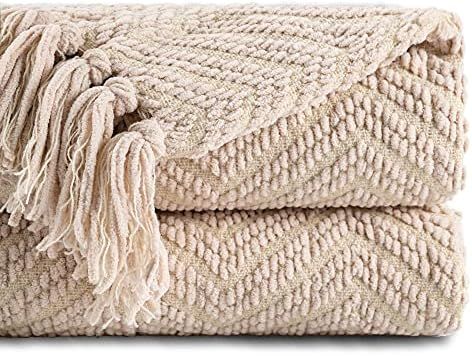 Battilo Boon Knitted Zig-Zag Textured Tweed Throw Couch Cover Blanket Warm Decorative Cream Blanket  | Amazon (US)