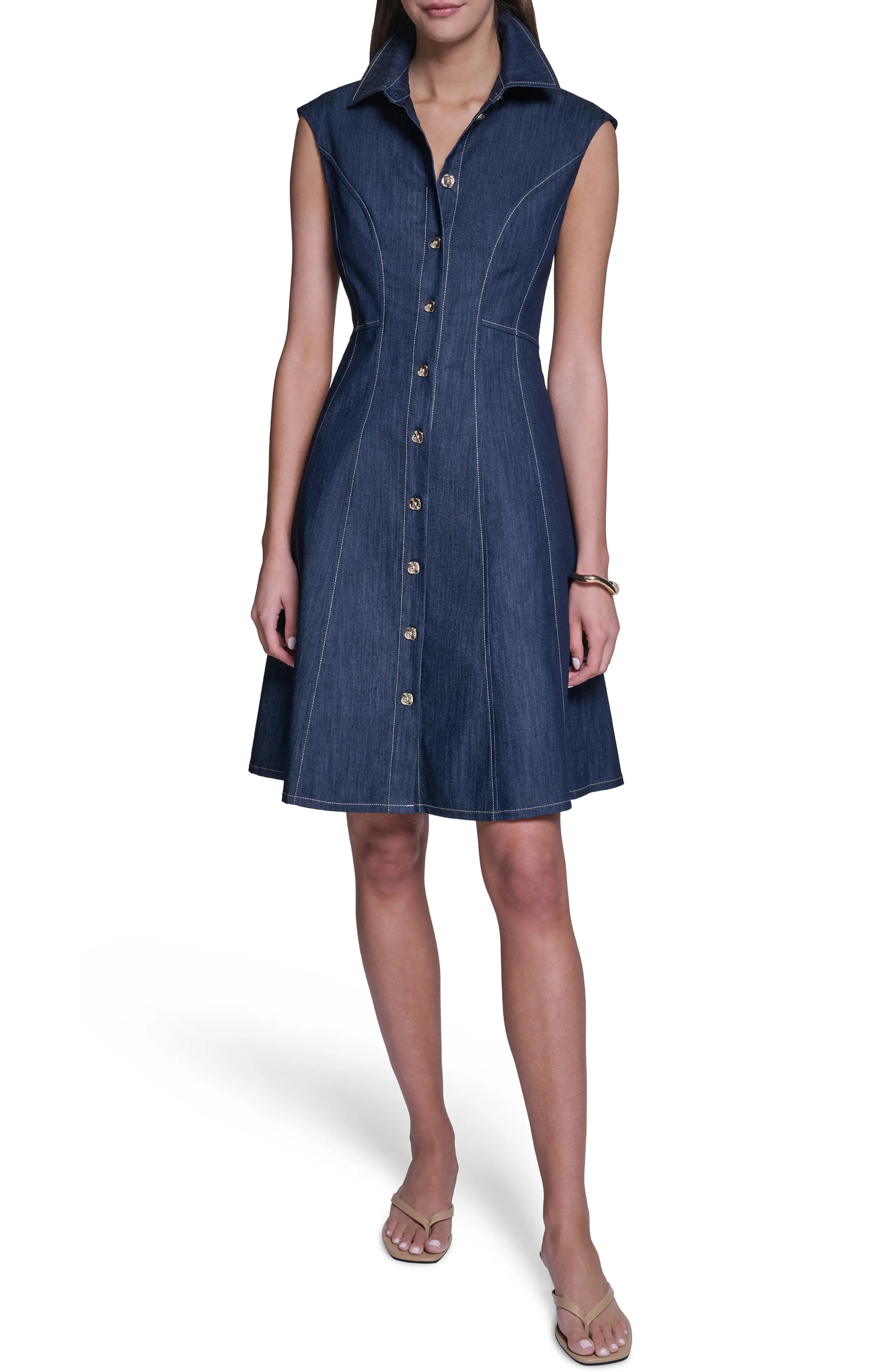 HALSTON Buttoned Denim Fit & Flare Dress (Women) | Nordstromrack | Nordstrom Rack