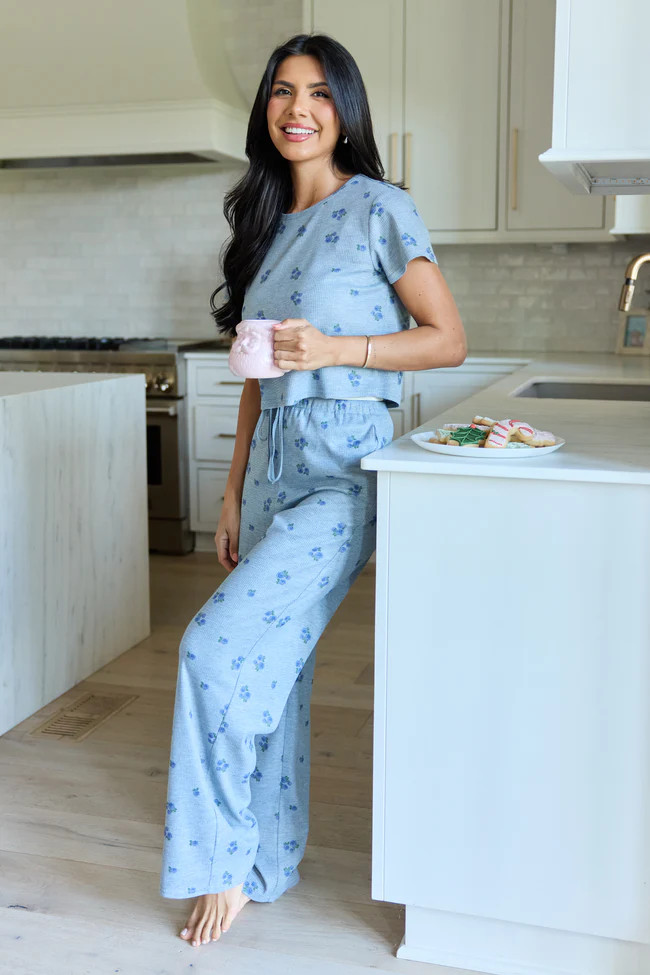 Lainey Waffle Knit Blue Floral Pajama Pants | Pink Lily