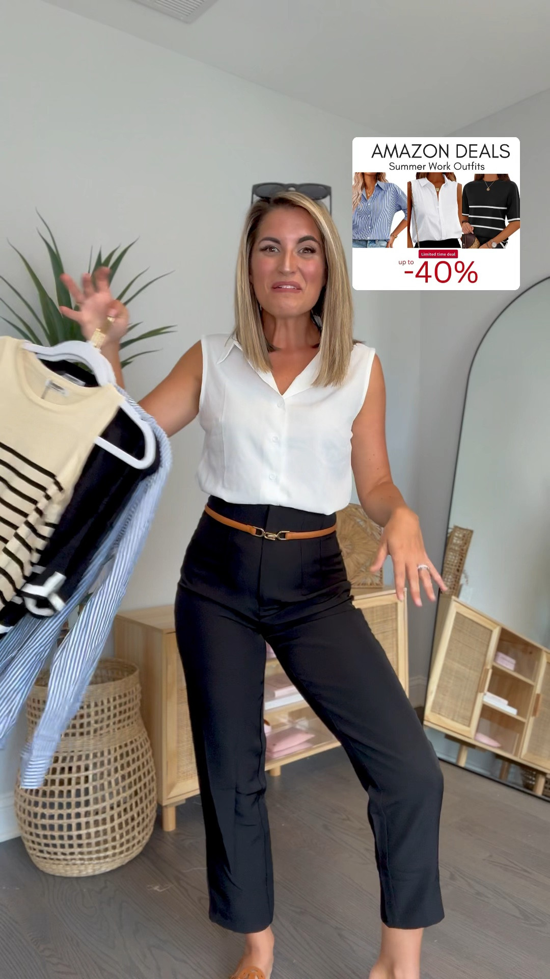 Up to 50% Amazon Summer Workwear🫶🖤CODES BELOW👇👇👇Must have tops & the pants Petite Friendly i’m 5’2”, 125lbs in small top & small/26/4 in the pants!
CODES - codes work on all colors
Limited time grab them fast!🏃🏼‍♀️
1st Outfit 
White Top on sale no code needed
2nd Outfit 
40% off black stripe top code JJG58GVK
White Jeans from Avara (wearing size 26) are 15% off with code Nikki15
3rd Outfit 
20% code + 20% coupon blue stripe top code PF5HDBZK
50% off Navy pants (no code needed note discount varies by size)


.
Amazon basic, capsule wardrobe, capsule closet, bathing suit coverup, workwear, trousers, work pants, pants, cropped pants, sunglasses, linen pants, striped dress, blue stripe dress, black jumpsuit, beige jumpsuit, travel outfit, loungewear, comfy outfit, casual outfits, work outfit, workwear#LTKxMadewell #LTKworkwear

#LTKSaleAlert #LTKMidsize #LTKWorkwear