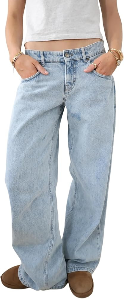 Women's Adjustable Waist Wide Leg Jeans Casual Mid High Waisted Baggy Straight Leg Denim Pants | Amazon (US)
