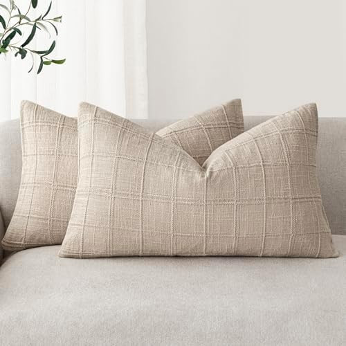 Foindtower Set of 2 Decorative Linen Check Throw Pillow Covers Neutral Farmhouse Lumbar Cushion C... | Amazon (US)