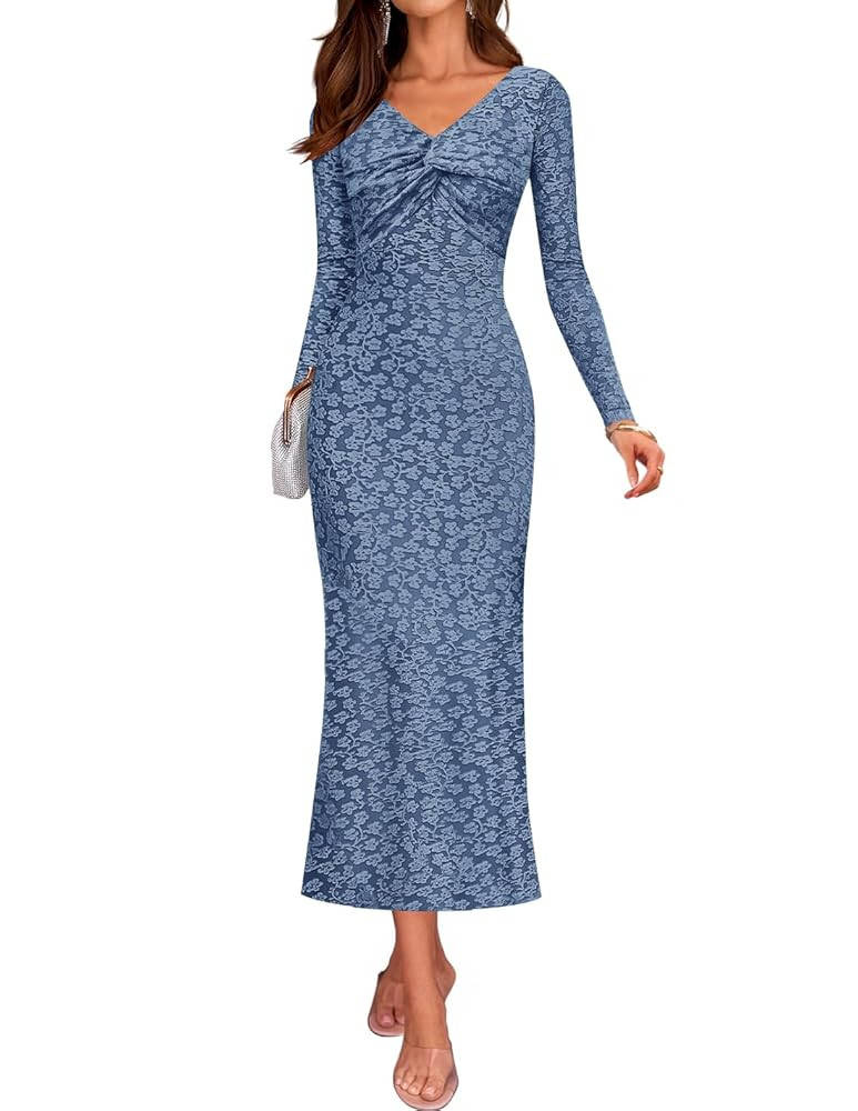 ZESICA Women's Fall Floral Long Sleeve Bodycon Dress 2025 Boho V Neck Cocktail Party Long Midi Dr... | Amazon (US)