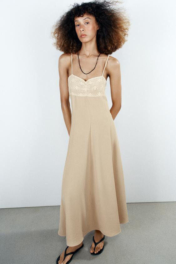 Zara - Combination Midi Strappy Dress - Ecru - Xs - Woman | Zara US