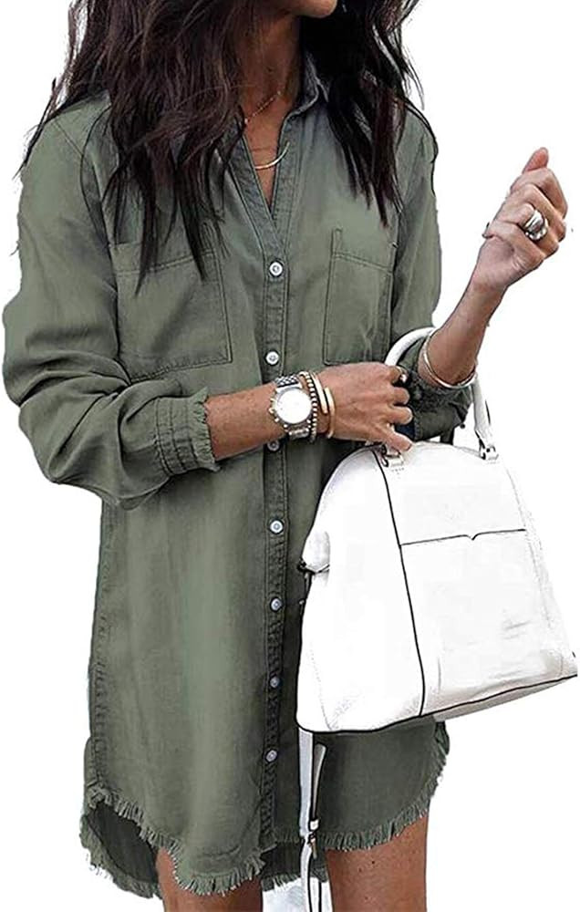 Kidsform Women's Long Sleeve Blouse Dress Denim Shirt Dresses Button Down Chambray Cotton Tops wi... | Amazon (US)