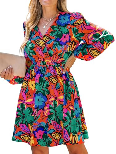 CUPSHE Women's V Neck Floral Print Long Sleeve Mini Chiffon Dress Casual Elastic Waist A Line Short Dress | Amazon (US)