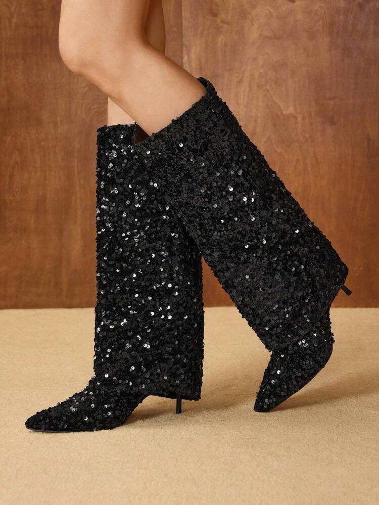 MOTF WOMEN'S FASHION SEQUINS EMBELLISHED POINTED TOE STILETTO HEEL OVER-THE-KNEE BOOTS | SHEIN