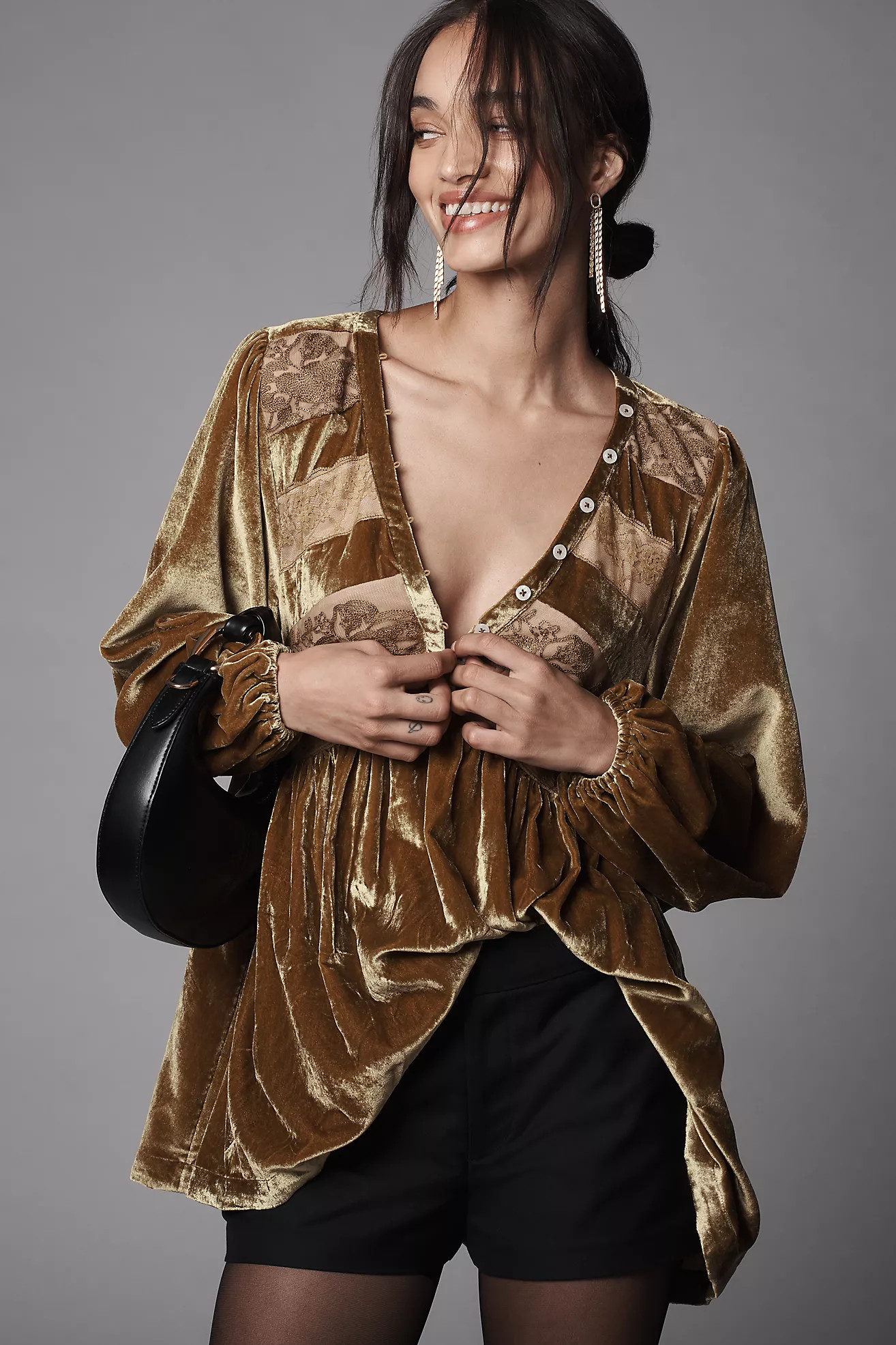 By Anthropologie Long-Sleeve Velvet Lace Babydoll Top | Anthropologie (US)