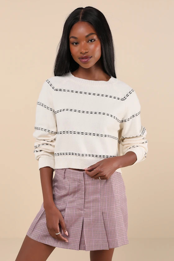 Pleasant Perception Ivory Stitched Long Sleeve Sweater | Lulus