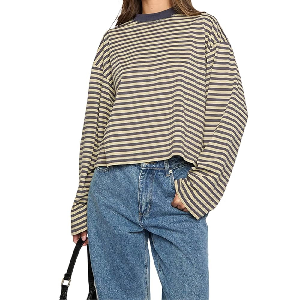Striped Long Sleeve Shirt Women Y2k Oversized Crewneck Vintage Tops Fall Winter Drop Shoulder Cut... | Amazon (US)