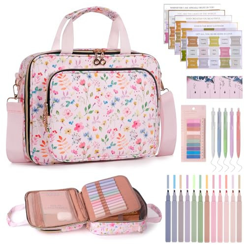 Bible Cover for Women, Elegant Carrying Case with Handles & Shoulder Strap, Large Bible Storage Bag–Includes Bible Study Supplies, Highlighters(Light Pink) | Amazon (US)