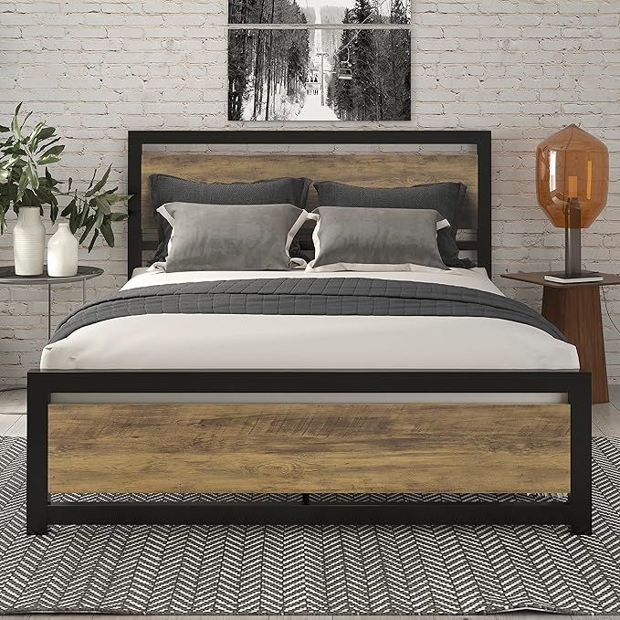 SHA CERLIN Queen Size Metal Platform Bed Frame with Wooden Headboard/ Heavy Duty Bed Frame with 1... | Amazon (US)